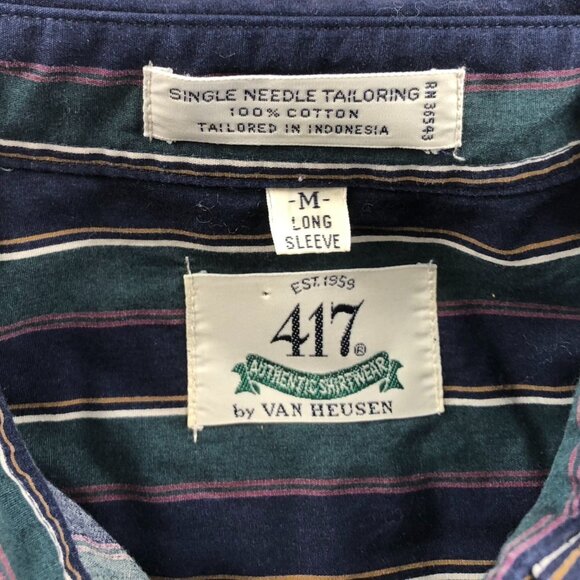 Van Heusen Mens 417 Shirt Medium Long Sleeve Pinstriped Green Button Down Casual - Picture 3 of 9